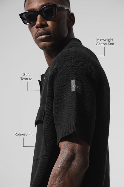 Sports Club Sweater Knit Short Sleeve Button Up