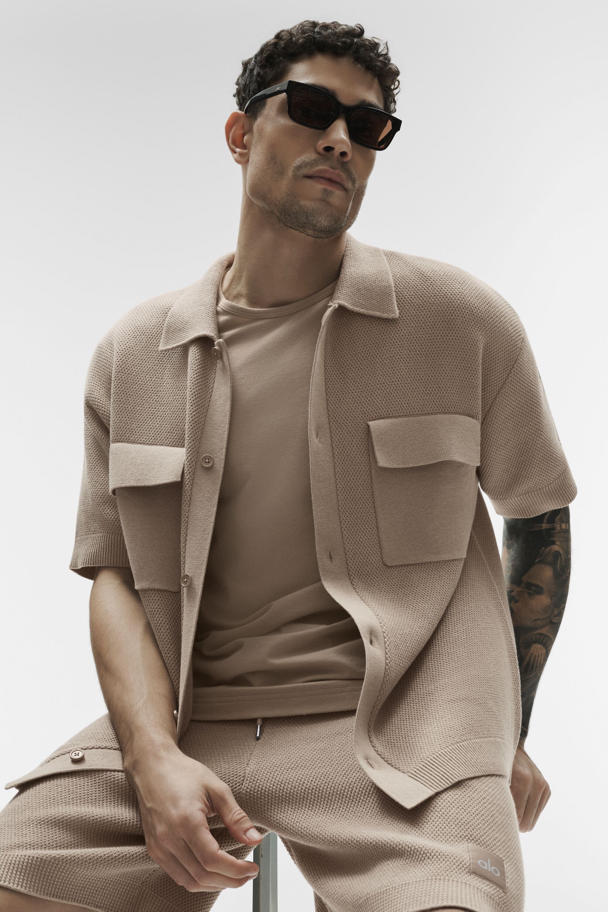 Sports Club Sweater Knit Short Sleeve Button Up