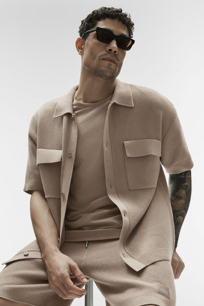 Sports Club Sweater Knit Short Sleeve Button Up