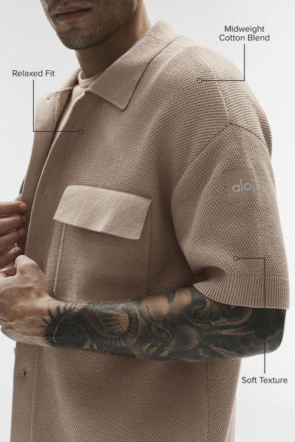 Sports Club Sweater Knit Short Sleeve Button Up