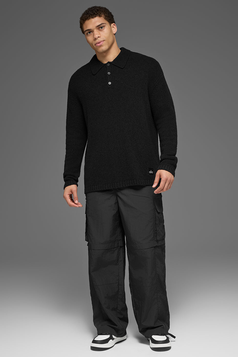 Textured Knit Long Sleeve Polo