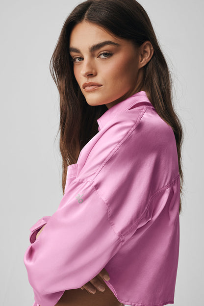 Silk Luminous Cropped Button Down Long Sleeve