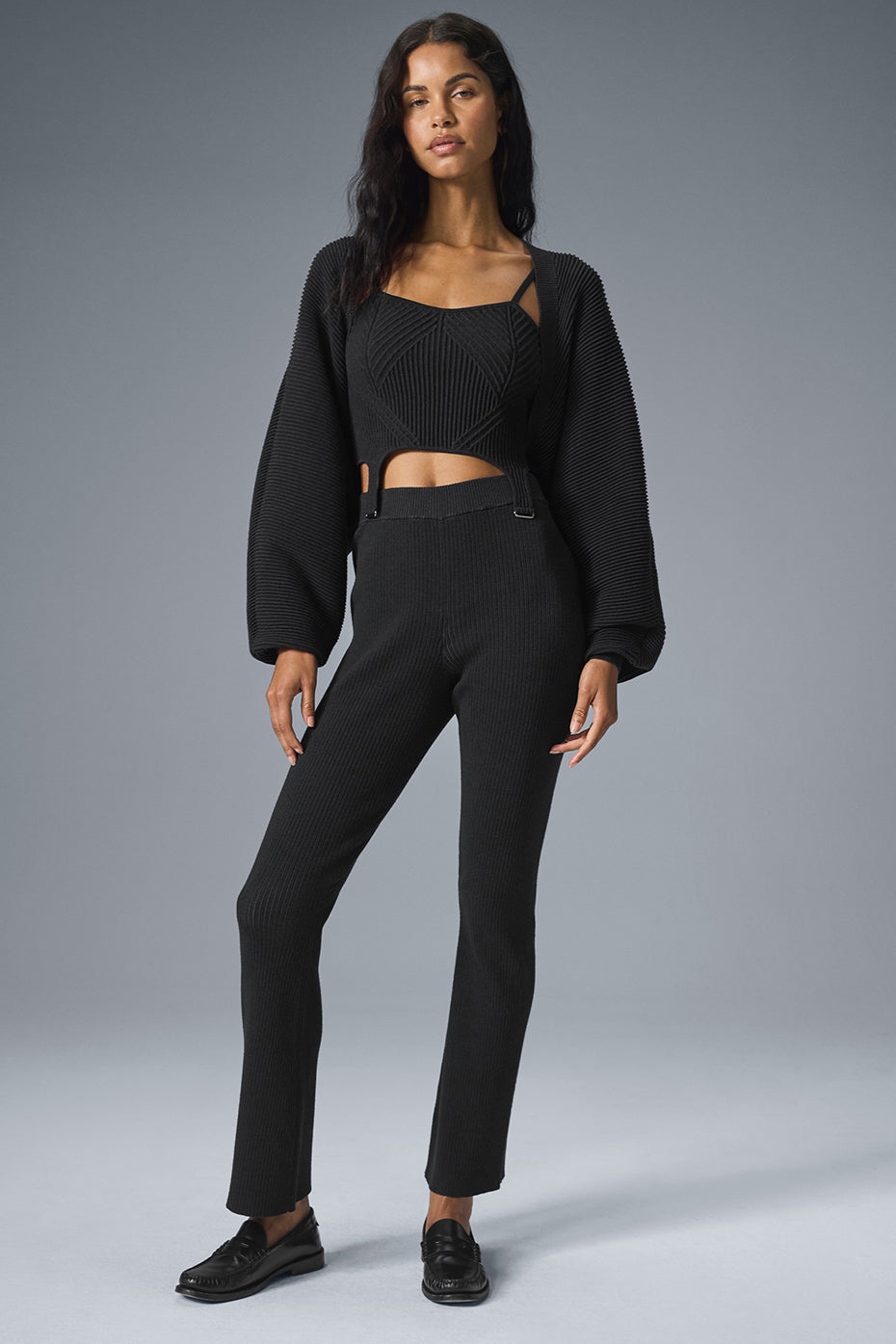Pantalon Évasé Taille Haute En Maille Denim