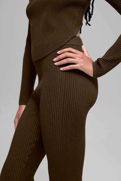 Pantalon Évasé Taille Haute En Maille Denim